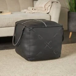 22" Leather Pouf With Woven Straps & Handles Black -Michaels Decor Sale D758405S 10