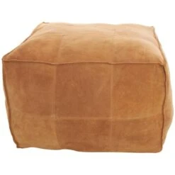 28" Leather Low Profile Square Pouf With Patchwork Design Light Brown
