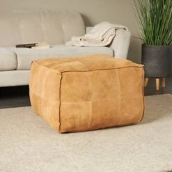28" Leather Low Profile Square Pouf With Patchwork Design Light Brown -Michaels Decor Sale D758407S 10