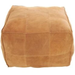28" Leather Low Profile Square Pouf With Patchwork Design Light Brown -Michaels Decor Sale D758407S 3