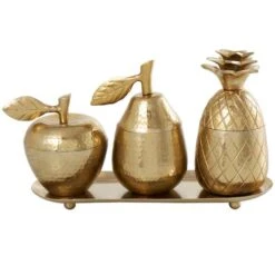 Golden Aluminum Fruit Jars With Matching Leaf Tray Décor Set