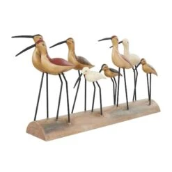 37" Brown Wood Bird Sculpture With Red Accents And Log Base