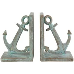 8.5" Blue Polystone Anchor Distressed Patina Bookends With Gold Foil Accents Set