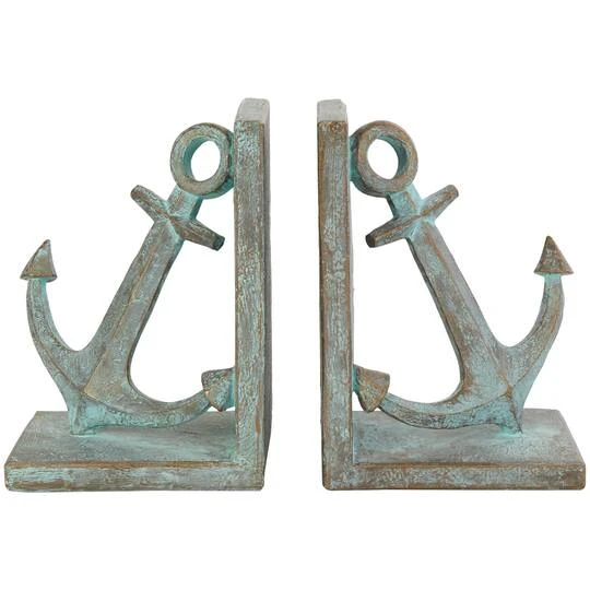 8.5" Blue Polystone Anchor Distressed Patina Bookends With Gold Foil Accents Set 3 8.5" Blue Polystone Anchor Distressed Patina Bookends With Gold Foil Accents Set