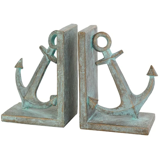 8.5" Blue Polystone Anchor Distressed Patina Bookends With Gold Foil Accents Set 8 8.5" Blue Polystone Anchor Distressed Patina Bookends With Gold Foil Accents Set - Image 6