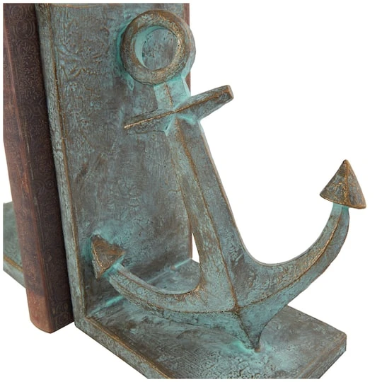 8.5" Blue Polystone Anchor Distressed Patina Bookends With Gold Foil Accents Set 10 8.5" Blue Polystone Anchor Distressed Patina Bookends With Gold Foil Accents Set - Image 8