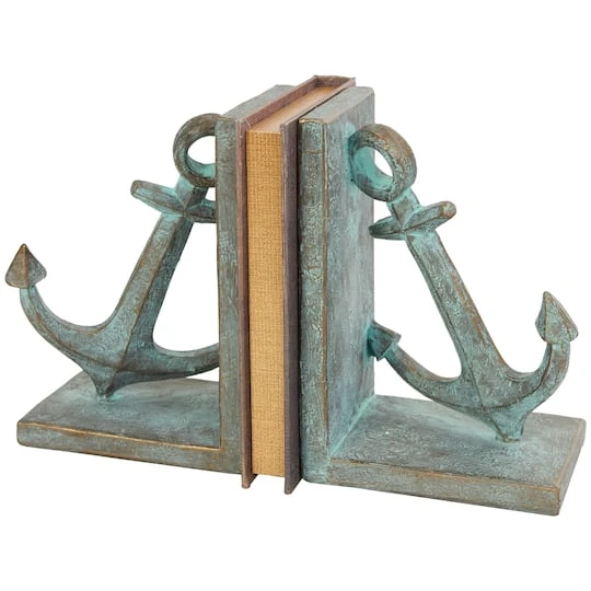 8.5" Blue Polystone Anchor Distressed Patina Bookends With Gold Foil Accents Set 11 8.5" Blue Polystone Anchor Distressed Patina Bookends With Gold Foil Accents Set - Image 9