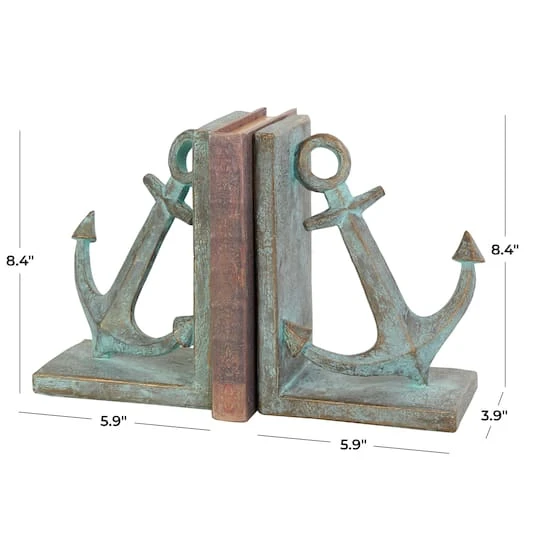 8.5" Blue Polystone Anchor Distressed Patina Bookends With Gold Foil Accents Set 6 8.5" Blue Polystone Anchor Distressed Patina Bookends With Gold Foil Accents Set - Image 4