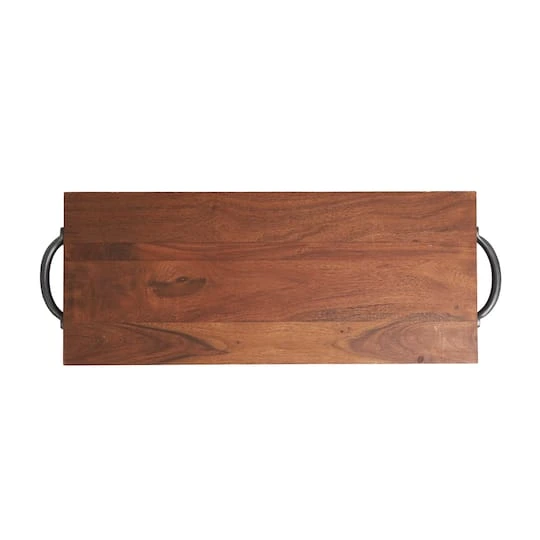 28" Brown Wood Tray With Black Metal Handles 7 28" Brown Wood Tray With Black Metal Handles - Image 5