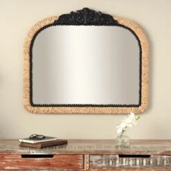 35" Brown & Black Woven Floral Rattan Wall Mirror With Beaded Detailing -Michaels Decor Sale D760575S 9
