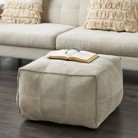 28" Leather Low Profile Square Pouf With Patchwork Design Gray 5 28" Leather Low Profile Square Pouf With Patchwork Design Gray - Image 3