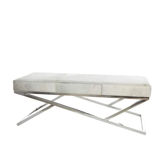 Light Gray Leather Geometric Bench With Angled Silver Metal Base 5 Light Gray Leather Geometric Bench With Angled Silver Metal Base - Image 3
