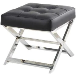 19" Leather Stool With Stainless Steel Supports Black