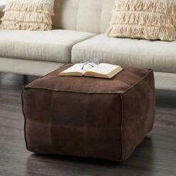 28" Leather Low Profile Square Pouf With Patchwork Design Dark Brown -Michaels Decor Sale D760634S 10