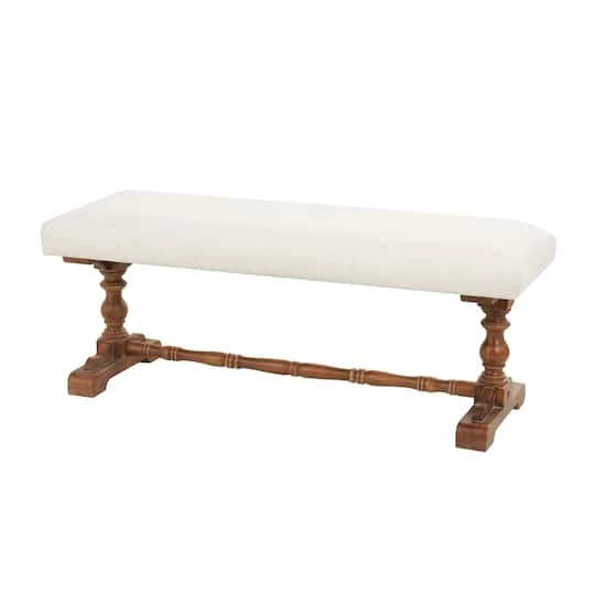 Cream Fabric Bench With Brown Turned Legs 4 Cream Fabric Bench With Brown Turned Legs - Image 2