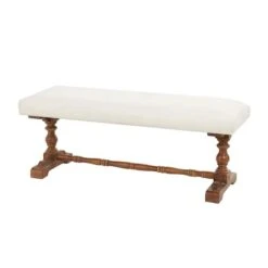 Cream Fabric Bench With Brown Turned Legs