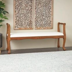 55" Cream Fabric Arm Bench With Brown Traditional Wood Turned Legs -Michaels Decor Sale D760637S 8