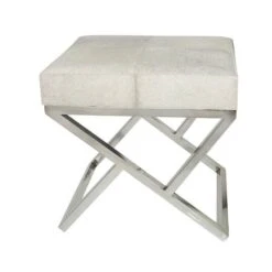 21" Light Gray Leather Geometric Stool With Metal Base