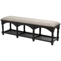59" Black & Beige Fabric Arched Storage Bench With Traditional Turned Legs