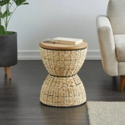 19" Rattan Woven Stool With Wood Tabletop And Black Frame Light Brown -Michaels Decor Sale D760642S 8