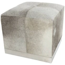 17" Gray Leather Patchwork Pouf With Silver Metal Base