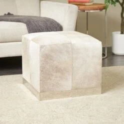 17" Gray Leather Patchwork Pouf With Silver Metal Base -Michaels Decor Sale D760643S 10