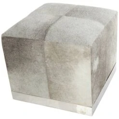 17" Gray Leather Patchwork Pouf With Silver Metal Base -Michaels Decor Sale D760643S 2