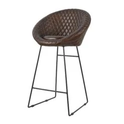 41.5" Leather Round Diamond Tufted Bar Stool With High Back Dark Brown