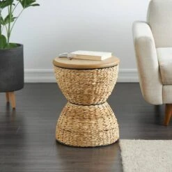 19" Rattan Woven Stool With Wood Tabletop And Black Frame Medium Brown -Michaels Decor Sale D760658S 5