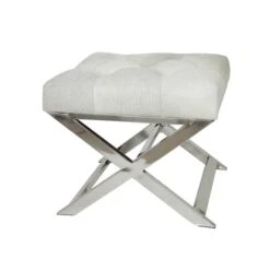 19" Light Gray Leather Geometric Tufted Stool With Metal Base