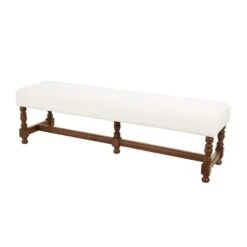 59" Cream Fabric Bench With Brown Traditional Wood Turned Legs