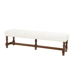 59" Cream Fabric Bench With Brown Traditional Wood Turned Legs -Michaels Decor Sale D760666S 2