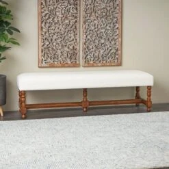 59" Cream Fabric Bench With Brown Traditional Wood Turned Legs -Michaels Decor Sale D760666S 9
