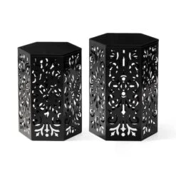 Glitzhome® Black Floral Motif Hexagonal Garden Stool Set