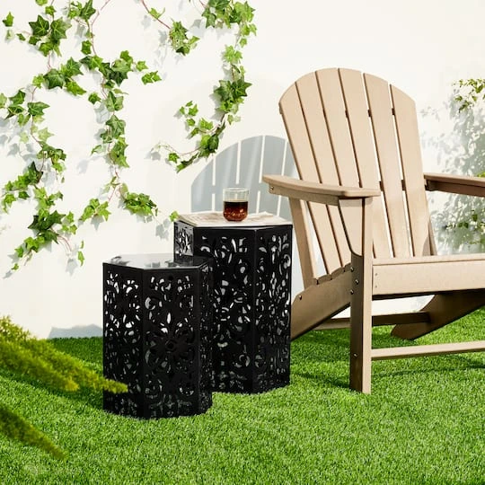Glitzhome® Black Floral Motif Hexagonal Garden Stool Set 6 Glitzhome® Black Floral Motif Hexagonal Garden Stool Set - Image 4