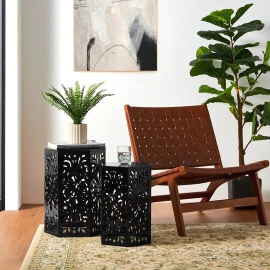 Glitzhome® Black Floral Motif Hexagonal Garden Stool Set 8 Glitzhome® Black Floral Motif Hexagonal Garden Stool Set - Image 6