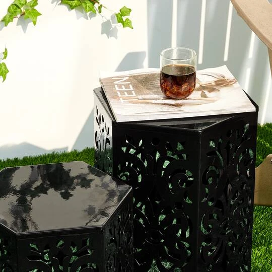 Glitzhome® Black Floral Motif Hexagonal Garden Stool Set 9 Glitzhome® Black Floral Motif Hexagonal Garden Stool Set - Image 7