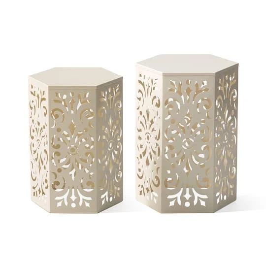 Glitzhome® White Floral Motif Hexagonal Garden Stool Set 3 Glitzhome® White Floral Motif Hexagonal Garden Stool Set