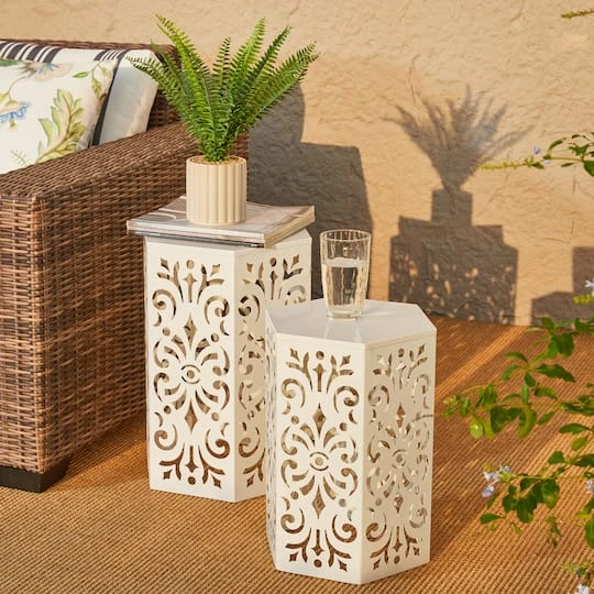 Glitzhome® White Floral Motif Hexagonal Garden Stool Set 5 Glitzhome® White Floral Motif Hexagonal Garden Stool Set - Image 3