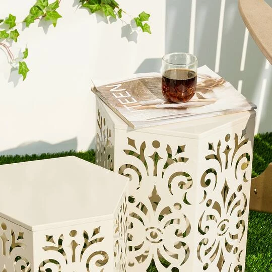 Glitzhome® White Floral Motif Hexagonal Garden Stool Set 8 Glitzhome® White Floral Motif Hexagonal Garden Stool Set - Image 6