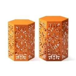 Glitzhome® Orange Floral Motif Hexagonal Garden Stool Set