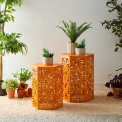 Glitzhome® Orange Floral Motif Hexagonal Garden Stool Set -Michaels Decor Sale D763675S 3