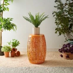 Glitzhome® 18.25" Multifunctional Solar Powdered Iron Leaf Cutout Garden Stool Orange -Michaels Decor Sale D763678S 4