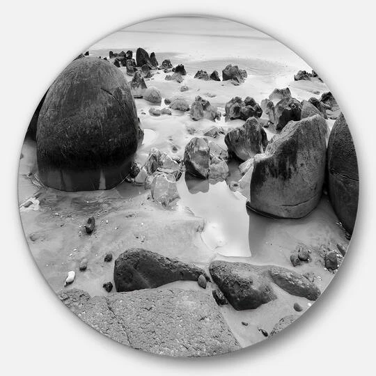 Designart - Moeraki Boulders Black N White' Seashore Photo Circle Metal Wall Art 4 Designart - Moeraki Boulders Black N White' Seashore Photo Circle Metal Wall Art - Image 2