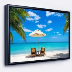 Designart - Turquoise Beach With Chairs - Seashore Photo Framed Canvas Print Black -Michaels Decor Sale M20021821 1