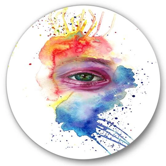 Designart - Detail Of Eye In Multi-Colored Face Portrait - Bohemian & Eclectic Metal Circle Wall Art 4 Designart - Detail Of Eye In Multi-Colored Face Portrait - Bohemian & Eclectic Metal Circle Wall Art - Image 2