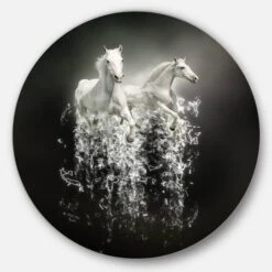 Designart - Fantasy White Horses On Black' Ultra Glossy Animal Oversized Metal Circle Wall Art