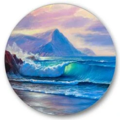Designart - Blue Waves Breaking At The Beach I - Nautical & Coastal Metal Circle Wall Art