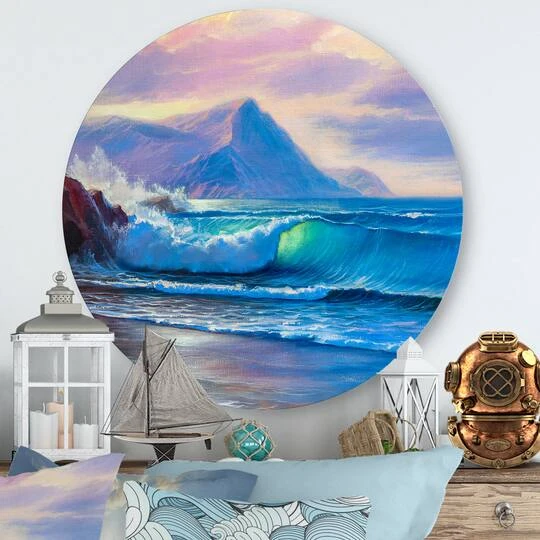 Designart - Blue Waves Breaking At The Beach I - Nautical & Coastal Metal Circle Wall Art 5 Designart - Blue Waves Breaking At The Beach I - Nautical & Coastal Metal Circle Wall Art - Image 3