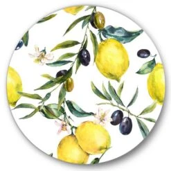 Designart - Lemon And Olive Branches II - Tropical Metal Circle Wall Art